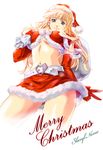  belt blonde_hair blue_eyes character_name christmas elbow_gloves from_below fur_trim gloves hat long_hair macross macross_frontier merry_christmas midriff miniskirt navel over_shoulder red_gloves sack sakaki_(sakakiya) santa_costume santa_hat sheryl_nome simple_background skirt smile solo thighs white_background 