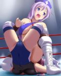  alternate_costume animal_ears bare_shoulders blue_eyes borrowed_design boston_crab breasts bunny_ears cleavage covered_navel digdug006 hat highres large_breasts long_hair multiple_girls nurse_cap open_mouth purple_hair reisen_udongein_inaba ryona silver_hair sweat top-down_bottom-up touhou trembling very_long_hair wrestling wrestling_outfit wrestling_ring yagokoro_eirin 