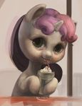  cub equine exalius female feral friendship_is_magic glass green_eyes hair horn horse looking_at_viewer mammal milkshake my_little_pony nightmare_fuel pony purple_hair realistic scary solo soul_devouring_eyes straw sweetie_belle_(mlp) table unicorn window young 
