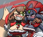 angry anthro big_breasts blush breasts candy candy_cane christmas cleavage clothed clothing elgiza english_text eye_contact female frown furret green_eyes grin holidays huge_breasts nintendo one_eye_closed pok&#233;mon pok&#233;morph pok&eacute;mon red_eyes smile teckworks teeth text video_games weavile wink 