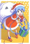  blue_hair bow bracelet doll dress gift hat ikamusume jeet jewelry leaning_forward long_hair mittens prehensile_hair sack santa_costume santa_hat shinryaku!_ikamusume solo 