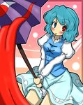  :p blue_eyes blue_hair blush eruru_(erl) heterochromia highres karakasa_obake long_sleeves purple_umbrella red_eyes short_hair skirt smile solo tatara_kogasa tongue tongue_out touhou umbrella 