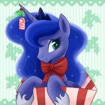  blue_hair bow equine female feral friendship_is_magic gift_box hair horn horse long_hair mammal mistletoe multi-colored_hair my_little_pony pony princess_luna_(mlp) royalty solo steffy-beff tag winged_unicorn wings 