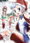  blue_hair blush bodysuit boots brown_eyes brown_hair fin_e_ld_si_laffinty hat kyouno_madoka long_hair mall_link_suit muginami multiple_girls niina_ryou open_mouth orange_hair purple_eyes rinne_no_lagrange santa_hat short_hair skirt smile snowing sweatdrop vest 