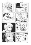  4koma arm_ribbon bald bald_girl bow broom capelet comic frills front_ponytail greyscale hair_bobbles hair_bow hair_ornament hair_ribbon hat highres holding kagiyama_hina kawashiro_nitori kirisame_marisa long_hair monochrome multiple_girls o_o outstretched_arms pageratta ribbon rock short_hair short_sleeves spinning touhou translated tree two_side_up 