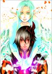  1boy 1girl aqua_eyes aqua_hair armor black_hair gaias gaius_(tales) long_hair muse_(tales_of_xillia) muzet_(tales) pointy_ears red_eyes short_hair tales_of_(series) tales_of_xillia tezuka-setsu very_long_hair wings 