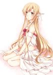  asuna_(sao) bow brown_eyes brown_hair dress ear_covers elf long_hair midriff misuzu_(iridescence) pointy_ears ribbon sitting solo sword_art_online titania_(sao) wariza 