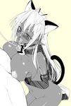  animal_ears antenna_hair blush breasts censored collar cum cum_in_mouth cum_on_body cum_on_breasts cum_on_upper_body dark_elf dark_skin elf facial kouki_kuu large_breasts leash long_hair monochrome open_mouth paizuri penis pointy_ears sansei_muramasa slave soukou_akki_muramasa tail 