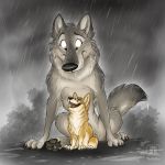  ambiguous_gender brown_eyes canine conditional_dnp corgi dog duo feral fur grey_fur grey_theme happy mammal open_mouth open_smile pawpads raining size_difference smile tani_da_real toony wet wet_fur wolf 