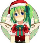  bad_id bad_pixiv_id belt blue_eyes blush daiyousei dress fairy_wings fujishiro_emyu gloves green_hair hair_ornament hair_ribbon hairclip hat looking_at_viewer red_dress red_gloves ribbon santa_costume santa_gloves santa_hat side_ponytail smile solo star touhou upper_body wings 