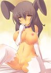  animal_ears blush breasts brown_eyes brown_hair bunny_ears collar elbow_gloves gloves kourourin large_breasts long_hair looking_at_viewer navel nipples pussy sitting solo spread_legs tan thighhighs uncensored 