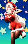  braid breasts brown_legwear christmas cleavage_cutout dress hat huge_breasts long_hair one_eye_closed pantyhose red_eyes sack santa_costume santa_hat silver_hair smile solo star touhou v very_long_hair yagokoro_eirin yanmarson 