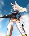  animal_ears bird_tail blonde_hair blue_eyes blush cloud day drum_magazine gloves goggles goggles_on_head gun hanna-justina_marseille head_wings long_hair machine_gun mg34 military military_uniform muchabou panties sky smile solo strike_witches striker_unit tail underwear uniform weapon world_witches_series 