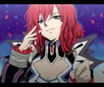  1boy blue_background bracelet choker creed_graphite frills jewelry petals red_eyes red_hair short_hair smile tales_of_(series) tales_of_hearts 