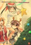  antlers black_hair blue_eyes blush brown_eyes brown_hair carrying charlotte_e_yeager christmas_tree francesca_lucchini gertrud_barkhorn hairband hat long_hair military military_uniform multiple_girls niina_ryou open_mouth ornament piggyback reindeer_antlers santa_costume santa_hat smile star strike_witches twintails uniform world_witches_series 