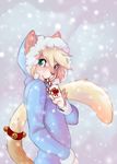  bell bells blue_eyes christmas clothing demicoeur feline fur hair holidays looking_at_viewer mammal snow solo tongue white_fur white_hair winter 