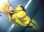  1girl ass belt blonde_hair blush bodysuit breasts dutch_angle erect_nipples highres holding large_breasts legs long_hair long_sleeves looking_at_viewer mori_yuki orange_eyes pink_doragon shiny shiny_hair solo standing thighs uchuu_senkan_yamato uchuu_senkan_yamato_2199 