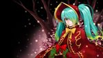  blonde_hair bonnet christmas gloves green_eyes green_hair hair_over_one_eye ilris league_of_legends long_hair looking_at_viewer multicolored_hair red_gloves ribbon silent_night_sona solo sona_buvelle twintails wreath 