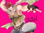  abs bad_id bad_pixiv_id bare_shoulders brown_hair fingerless_gloves gloves green_eyes grin jojo_no_kimyou_na_bouken joseph_joestar_(young) male_focus midriff muscle scarf smile solo winora 