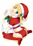  :d blonde_hair blue_eyes fang full_body hat looking_back meito_(maze) midriff no_shoes open_mouth original red_legwear sack santa_costume santa_hat sitting smile soles solo thighhighs wariza 