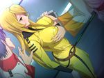  1girl 2boys ass belt black_hair blonde_hair blush bodysuit breast_grab breasts dutch_angle erect_nipples grabbing groping highres holding large_breasts legs long_hair long_sleeves looking_at_another mori_yuki multiple_boys nipple_tweak orange_eyes pink_doragon shiny shiny_hair short_hair standing sweatdrop thighs threesome uchuu_senkan_yamato uchuu_senkan_yamato_2199 