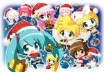  6+girls ahoge akita_neru aqua_eyes aqua_hair belt blonde_hair blue_hair brown_eyes brown_hair chibi christmas christmas_stocking closed_eyes crossover detached_sleeves drill_hair fang gift hahifuhe hair_ornament hair_ribbon hairclip hat hatsune_miku headphones kagamine_len kagamine_rin kaito kasane_teto long_hair megurine_luka meiko midriff multiple_boys multiple_girls navel necktie open_mouth outstretched_arms pink_hair red_hair ribbon sack santa_hat shorts skirt spread_arms star sweatdrop takoluka thighhighs twin_drills twintails utau very_long_hair vocaloid voyakiloid wavy_mouth white_hair yowane_haku 