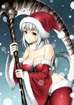  breasts christmas cleavage covered_nipples dark_souls detached_sleeves dragon_girl fur fur_trim hat highres horns large_breasts long_hair old-one priscilla_the_crossbreed santa_costume santa_hat scythe smile snow solo souls_(from_software) tail weapon white_hair yellow_eyes 