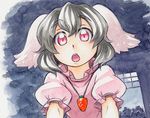  animal_ears black_hair bunny_ears carrot carrot_necklace dress inaba_tewi jewelry kawachi_koorogi looking_at_viewer marker_(medium) necklace open_mouth pendant red_eyes short_hair solo touhou traditional_media 