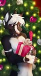  biceps black_fur christmas christmas_tree demicoeur dragon fangs fur gift hair holidays horn looking_at_viewer male muscles nude pecs purple_eyes smile solo teeth tree white_fur white_hair 