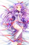  adapted_costume animal_ears arms_up bdsm blush bondage bound capelet cat_ears dress hair_ribbon highres kemonomimi_mode long_hair looking_at_viewer lying midriff navel on_back open_mouth patchouli_knowledge pink_eyes pink_legwear purple_dress purple_hair ribbon ribbon_bondage solo striped striped_dress thighhighs touhou tress_ribbon ukita_uuko very_long_hair zettai_ryouiki 