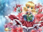  ahoge artoria_pendragon_(all) bad_id bad_pixiv_id bell blonde_hair dress fate/stay_night fate_(series) flower gift gloves green_eyes hair_ribbon highres jingle_bell lily_(flower) mo_huai_mao pantyhose ribbon saber santa_costume solo 