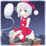  black_legwear blue_eyes blush boots breasts chimney christmas covered_nipples dress elbow_gloves gloves hair_ribbon hat highres hitodama konpaku_youmu konpaku_youmu_(ghost) looking_at_viewer noveske_n4 open_mouth red_gloves ribbon sack santa_costume santa_hat short_hair silver_hair sleeveless sleeveless_dress small_breasts snow solo thighhighs touhou 