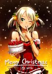  bail bare_shoulders bell blonde_hair blush breasts cake christmas cleavage detached_sleeves dress finger_licking food green_eyes green_hair hair_ornament licking long_hair looking_at_viewer medium_breasts merry_christmas one_eye_closed original short_hair smile snow solo twintails 