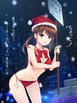  bangs bikini blush breasts brown_hair christmas cleavage coffee-kizoku eyebrows_visible_through_hair hat holding holding_sign long_hair medium_breasts navel open_mouth original placard purple_eyes red_bikini santa_hat shiny shiny_skin side-tie_bikini sign solo standing swimsuit twintails 