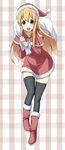  :d black_legwear blonde_hair blue_eyes boots hat highres k-on! kirigaya_yuuji kotobuki_tsumugi long_hair open_mouth round_teeth sack santa_costume santa_hat smile solo teeth thighhighs zettai_ryouiki 