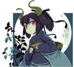  animal_ears branch clenched_hands full_moon hair_ribbon horns ikura_hato japanese_clothes kimono leaf moon obi original ponytail purple_hair red_eyes ribbon sash smile solo 