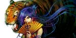  animal artist_name blue_hair chinese_clothes colored_eyelashes covering_mouth fan fangs floating_hair folding_fan hair_up long_hair original sleeveless solo tiger transparent_background watermark web_address wenqing_yan yellow_eyes 