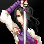  1girl 544920432_(artist) black_background black_hair blade brown_eyes character_request highres kuuki_(pixiv2244659) long_hair simple_background sword weapon 