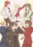  3girls black_hair blonde_hair boots brown_hair couple emiya_kiritsugu facial_hair fate/zero fate_(series) formal goatee green_hair hetero husband_and_wife irisviel_von_einzbern kayneth_el-melloi_archibald long_hair multiple_boys multiple_girls pantyhose pin_karo red_hair short_hair sola-ui_nuada-re_sophia-ri suit thigh_boots thighhighs toosaka_aoi toosaka_tokiomi white_hair 