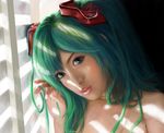  green_eyes green_hair hatsune_miku lemonpalette lips long_hair looking_at_viewer realistic solo upper_body vocaloid window window_shade 
