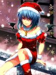  alternate_costume bare_shoulders bat_wings blue_hair boots collarbone fuuna_(conclusion) hat highres jewelry looking_at_viewer multicolored multicolored_eyes necklace pink_eyes railing red_skirt remilia_scarlet santa_boots santa_costume santa_hat short_hair sitting skirt smile snowing solo touhou wings wrist_cuffs yellow_eyes 