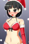  black_eyes black_hair blush breasts cleavage hat kirigaya_suguha large_breasts navel santa_costume santa_hat solo sword_art_online taw_(t765p) 