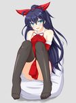  bad_id bad_pixiv_id bag bare_shoulders black_hair black_legwear blue_eyes blush bow christmas elbow_gloves fang ganaha_hibiki gloves hair_bow highres idolmaster idolmaster_(classic) long_hair nagamon ponytail red_gloves ribbon santa_costume sitting smile solo thighhighs 