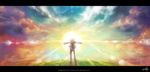  cloud colorful from_behind full_body grass letterboxed original outstretched_arms pants shirt signature sky solo spread_arms standing sun sunlight watermark web_address wenqing_yan white_hair white_shirt wind 