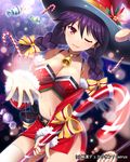  bad_id bad_pixiv_id black_hair braid breasts christmas cleavage detached_sleeves hat large_breasts mauve midriff navel one_eye_closed original red_eyes solo twin_braids 