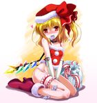  bag blonde_hair blush bow broken_condom choker christmas condom condom_in_mouth condom_wrapper crystal elbow_gloves flandre_scarlet frills garters gloves hat heart high_heels highres mouth_hold no_pants panties red_eyes santa_hat seiza shoes side_ponytail sitting solo touhou underwear white_gloves wings yamu_(reverse_noise) 