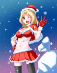  akasaka_takanari bad_id bad_pixiv_id bell bikini_top black_legwear blonde_hair blue_eyes blush capelet christmas girls_und_panzer gloves hand_on_hip hat jingle_bell kay_(girls_und_panzer) long_hair looking_at_viewer midriff miniskirt one_eye_closed open_mouth pleated_skirt red_capelet red_gloves red_skirt santa_costume santa_hat skirt smile snow solo standing thighhighs waving zettai_ryouiki 