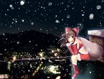  blush boots brown_hair chin_rest christmas city cityscape detached_sleeves hair_tubes hakurei_reimu lights long_hair midriff mountain night niratani_fumihiko red_eyes sack santa_costume sitting smile snowing solo touhou 