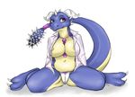  anthro big_breasts blue_skin breasts camel_toe claws dragon female head_spikes horn looking_at_viewer mace_tail necktie nude panties plain_background purple_eyes ribbons rifel scalie sitting solo spiked_tail spikes spreading underwear voluptuous white_background 