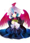  blue_hair blush book head_wings holding multicolored_hair red_eyes red_wings short_hair silver_hair single_head_wing skirt smile solo tokiko_(touhou) touhou two-tone_hair wings yutsuka_(amyucca) 